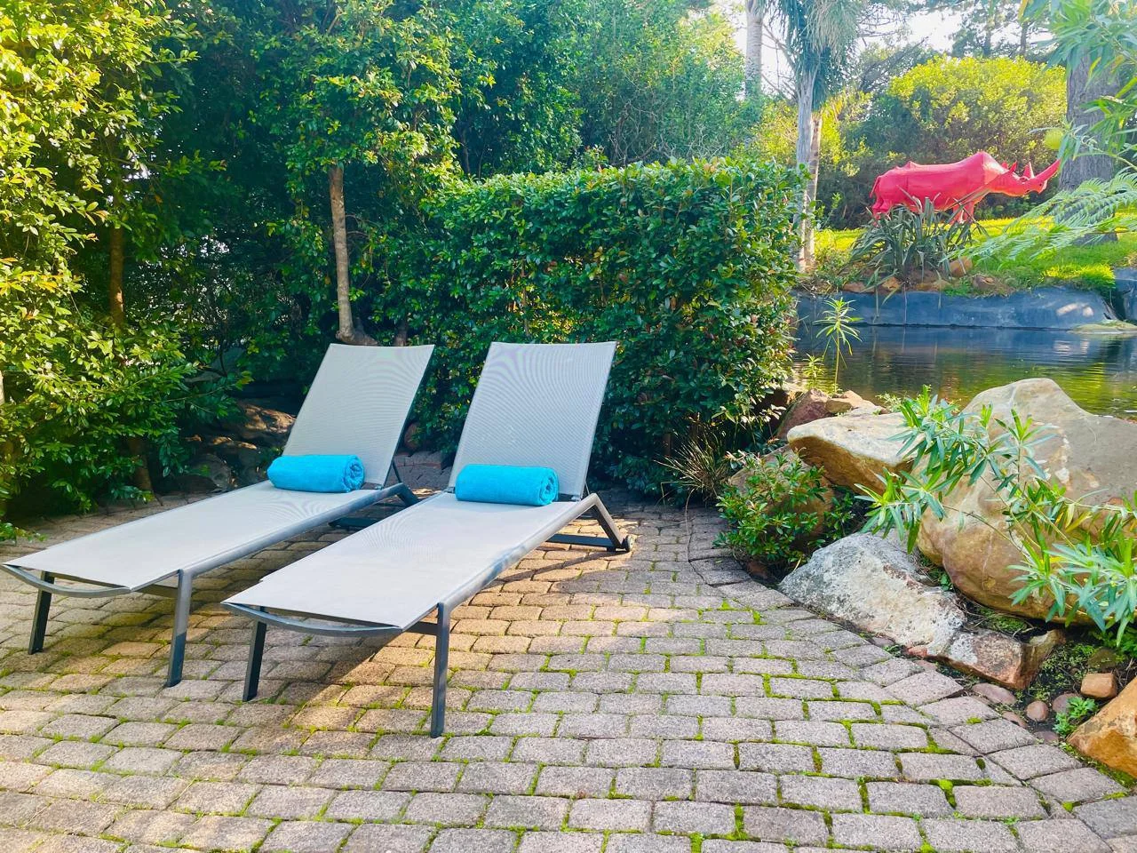 Garden loungers and pond